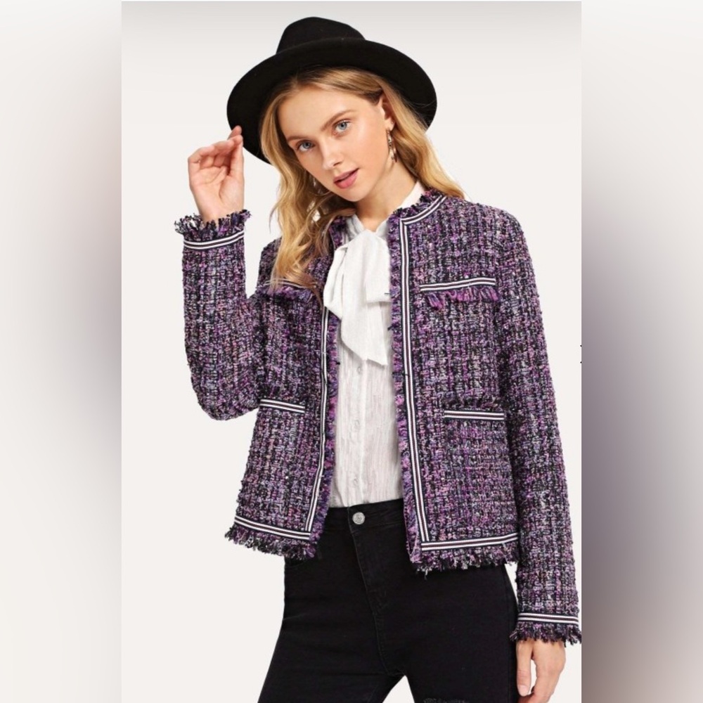 Fringe tweed Detail Pocket Striped Coat blazer
